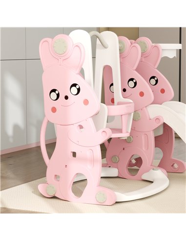 AIYAPLAY 4 in 1 Kids Slide and Swing Set with Climber, Basketball Hoop, Rabbit-Themed, Pink