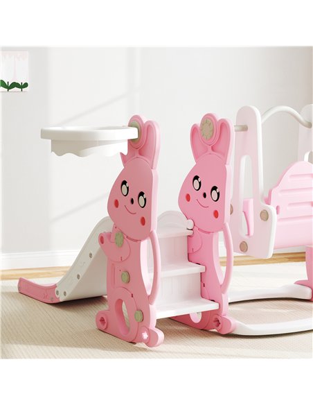 AIYAPLAY 4 in 1 Kids Slide and Swing Set with Climber, Basketball Hoop, Rabbit-Themed, Pink - pic 155273 | FastDaddyshop
