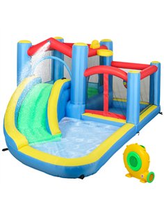 AIYAPLAY Inflatable Bouncy Castle with 550W Blower, Basketball Hoop, Long Slide, Dart Board, Carrying Bag, 385 x 290 x 180 cm