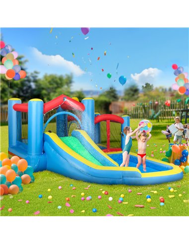 AIYAPLAY Inflatable Bouncy Castle with 550W Blower, Basketball Hoop, Long Slide, Dart Board, Carrying Bag, 385 x 290 x 180 cm