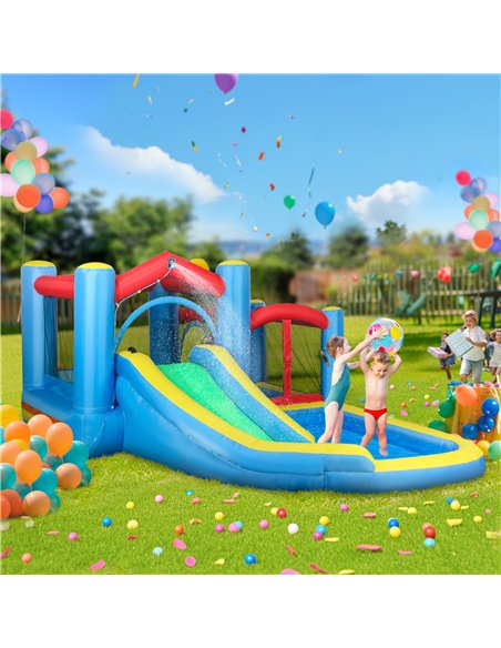 AIYAPLAY Inflatable Bouncy Castle with 550W Blower, Basketball Hoop, Long Slide, Dart Board, Carrying Bag, 385 x 290 x 180 cm - pic 155275 | FastDaddyshop