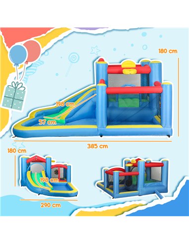AIYAPLAY Inflatable Bouncy Castle with 550W Blower, Basketball Hoop, Long Slide, Dart Board, Carrying Bag, 385 x 290 x 180 cm
