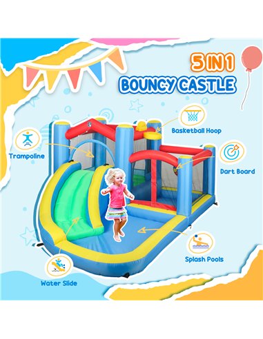 AIYAPLAY Inflatable Bouncy Castle with 550W Blower, Basketball Hoop, Long Slide, Dart Board, Carrying Bag, 385 x 290 x 180 cm