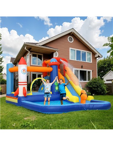 AIYAPLAY 5 in 1 Bouncy Castle for Children with 550W Blower, Water Slide, Splash Pool, Jumping Area, Climbing Wall, Cannon