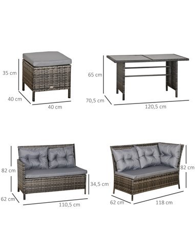 Outsunny 7-Seater Rattan Furniture Sofa Set with Coffee Table, Foot Stool, Cushion, Grey
