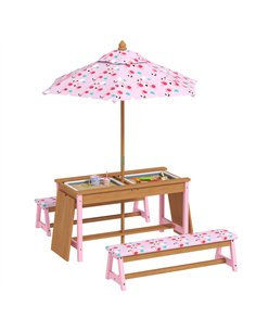 AIYAPLAY Kids Picnic Table Set with Removable & Foldable Umbrella, Cushions, Storage Boxes, Flamingo Theme, Pink