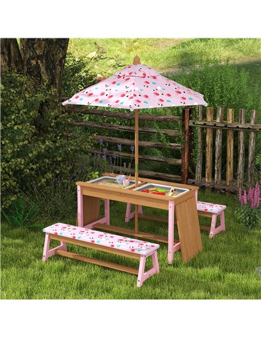 AIYAPLAY Kids Picnic Table Set with Removable & Foldable Umbrella, Cushions, Storage Boxes, Flamingo Theme, Pink