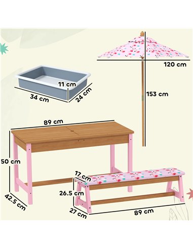 AIYAPLAY Kids Picnic Table Set with Removable & Foldable Umbrella, Cushions, Storage Boxes, Flamingo Theme, Pink