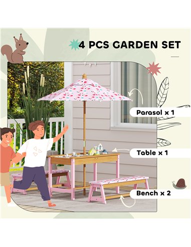 AIYAPLAY Kids Picnic Table Set with Removable & Foldable Umbrella, Cushions, Storage Boxes, Flamingo Theme, Pink