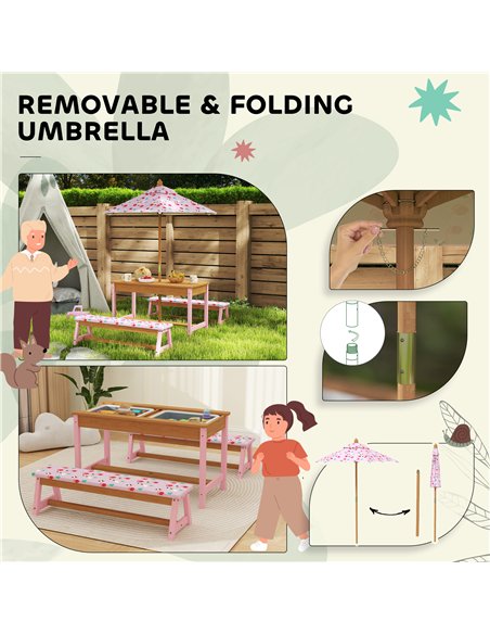 AIYAPLAY Kids Picnic Table Set with Removable & Foldable Umbrella, Cushions, Storage Boxes, Flamingo Theme, Pink - pic 155298 | FastDaddyshop