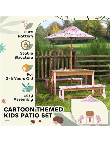 AIYAPLAY Kids Picnic Table Set with Removable & Foldable Umbrella, Cushions, Storage Boxes, Flamingo Theme, Pink - pic 155299 | FastDaddyshop