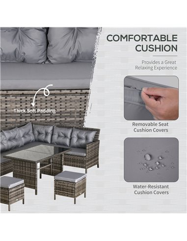 Outsunny 7-Seater Rattan Furniture Sofa Set with Coffee Table, Foot Stool, Cushion, Grey
