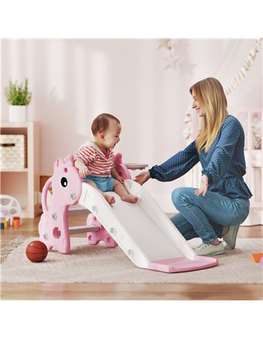 AIYAPLAY 3 in 1 Kids Slide with Climber, Basketball Hoop and Ball, Giraffe Shape Climber Slide for Indoor Kids Age 1-3, Pink