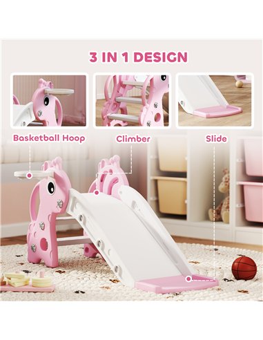 AIYAPLAY 3 in 1 Kids Slide with Climber, Basketball Hoop and Ball, Giraffe Shape Climber Slide for Indoor Kids Age 1-3, Pink