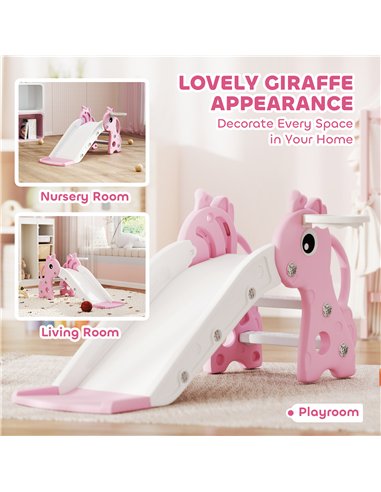 AIYAPLAY 3 in 1 Kids Slide with Climber, Basketball Hoop and Ball, Giraffe Shape Climber Slide for Indoor Kids Age 1-3, Pink