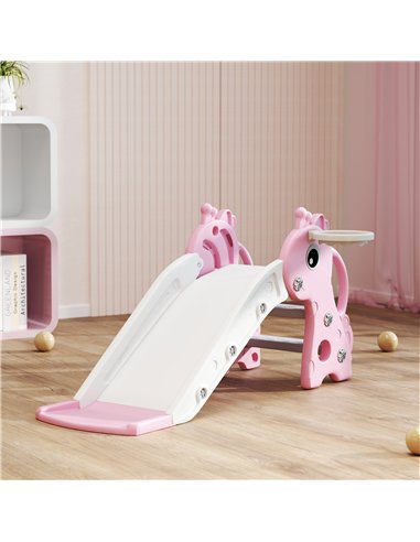 AIYAPLAY 3 in 1 Kids Slide with Climber, Basketball Hoop and Ball, Giraffe Shape Climber Slide for Indoor Kids Age 1-3, Pink