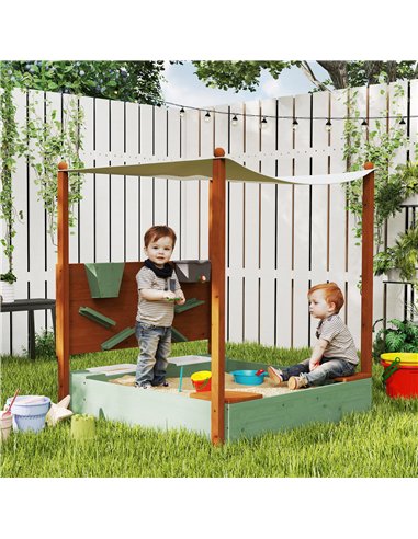 AIYAPLAY Wood Sandpit with Canopy, Storage Bins, Funnel, Liner, Chutes, Bucket with Tap, 116 x 112.5 x 128 cm, Green