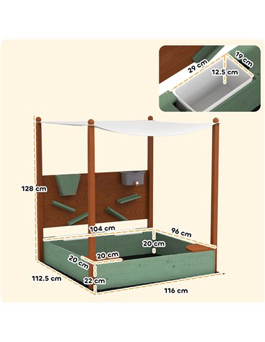 AIYAPLAY Wood Sandpit with Canopy, Storage Bins, Funnel, Liner, Chutes, Bucket with Tap, 116 x 112.5 x 128 cm, Green