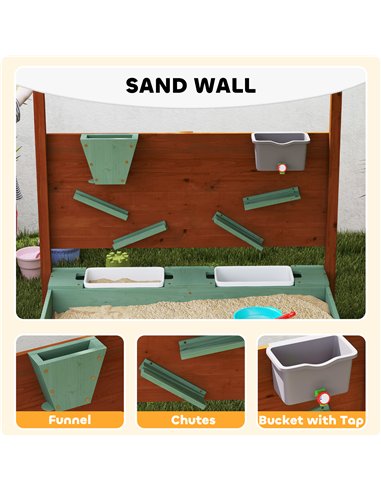 AIYAPLAY Wood Sandpit with Canopy, Storage Bins, Funnel, Liner, Chutes, Bucket with Tap, 116 x 112.5 x 128 cm, Green