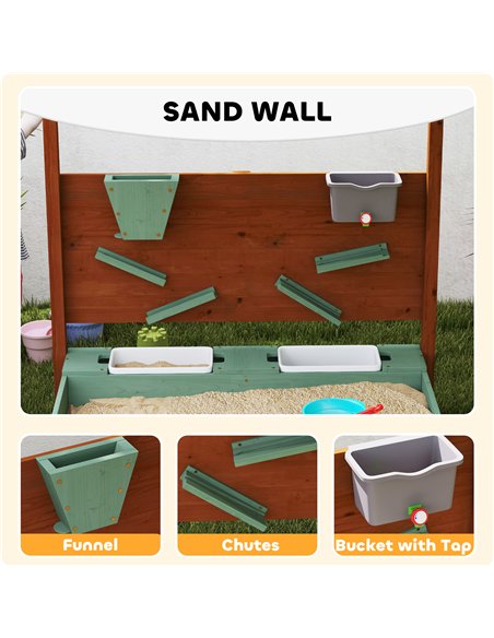 AIYAPLAY Wood Sandpit with Canopy, Storage Bins, Funnel, Liner, Chutes, Bucket with Tap, 116 x 112.5 x 128 cm, Green - pic 155322 | FastDaddyshop