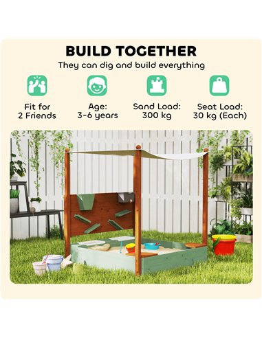 AIYAPLAY Wood Sandpit with Canopy, Storage Bins, Funnel, Liner, Chutes, Bucket with Tap, 116 x 112.5 x 128 cm, Green