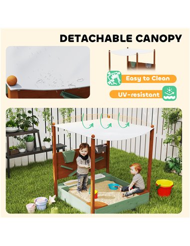 AIYAPLAY Wood Sandpit with Canopy, Storage Bins, Funnel, Liner, Chutes, Bucket with Tap, 116 x 112.5 x 128 cm, Green