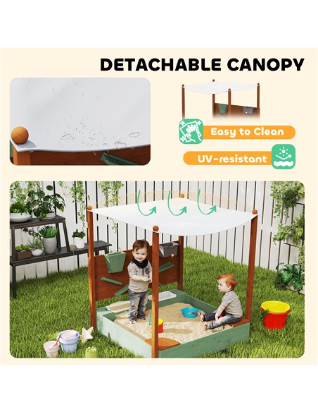 AIYAPLAY Wood Sandpit with Canopy, Storage Bins, Funnel, Liner, Chutes, Bucket with Tap, 116 x 112.5 x 128 cm, Green - pic 155324 | FastDaddyshop