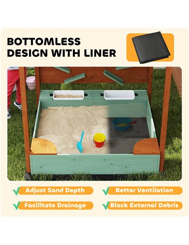 AIYAPLAY Wood Sandpit with Canopy, Storage Bins, Funnel, Liner, Chutes, Bucket with Tap, 116 x 112.5 x 128 cm, Green