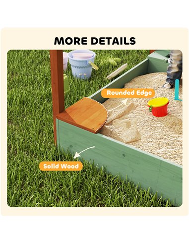 AIYAPLAY Wood Sandpit with Canopy, Storage Bins, Funnel, Liner, Chutes, Bucket with Tap, 116 x 112.5 x 128 cm, Green
