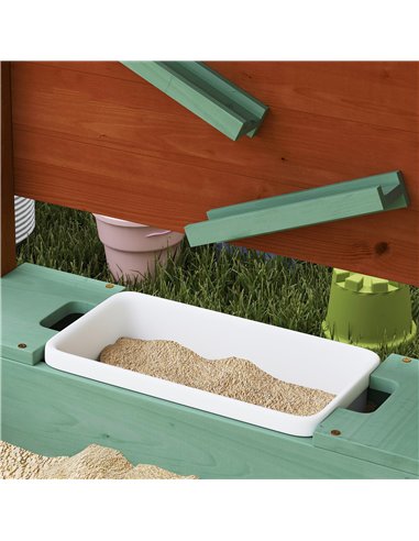 AIYAPLAY Wood Sandpit with Canopy, Storage Bins, Funnel, Liner, Chutes, Bucket with Tap, 116 x 112.5 x 128 cm, Green
