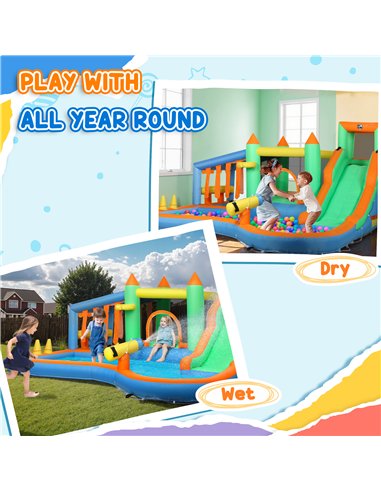 AIYAPLAY 8 in 1 Inflatable Bounce House with 680W Blower, Slide, 2 Pools, Basketball Hoop, Climbing Wall, Water Gun, Ring Toss