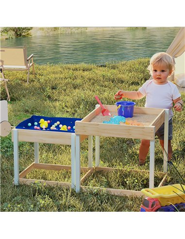AIYAPLAY 2 PCS Wooden Outdoor Sand and Water Play Tables with Bottom Liner for Kids Aged 3-8 Years Old, Natural Wood Finish