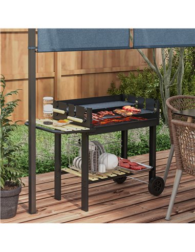 Outsunny Charcoal BBQ Grill, Barbecue Trolley with Double Adjustable Grill, Side Table, Storage Shelf and Wheels for Outdoor Gar