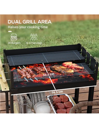 Outsunny Charcoal BBQ Grill, Barbecue Trolley with Double Adjustable Grill, Side Table, Storage Shelf and Wheels for Outdoor Gar