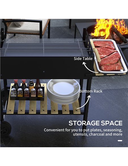 Outsunny Charcoal BBQ Grill, Barbecue Trolley with Double Adjustable Grill, Side Table, Storage Shelf and Wheels for Outdoor Gar - pic 155396 | FastDaddyshop