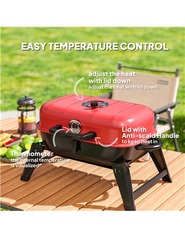 Outsunny Charcoal Barbecue Grill Folding BBQ Grill with 1232 cm² Cooking Area, Adjustable Vent, Thermometer, Handles for Camping