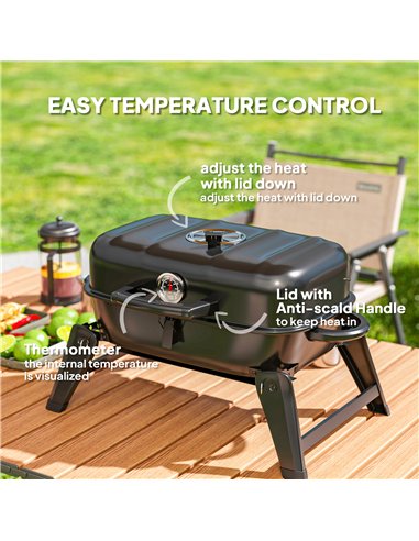 Outsunny Charcoal Barbecue Grill Folding BBQ Grill with 1232 cm² Cooking Area, Adjustable Vent, Thermometer, Handles for Camping
