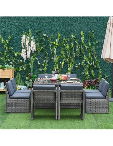 Outsunny 9 Pieces PE Rattan Cube Garden Furniture Set with Umbrella Hole, Mixed Grey