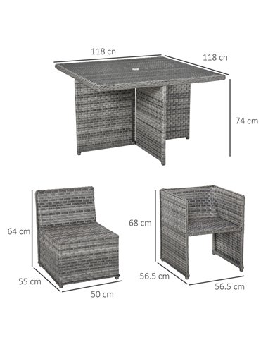 Outsunny 9 Pieces PE Rattan Cube Garden Furniture Set with Umbrella Hole, Mixed Grey
