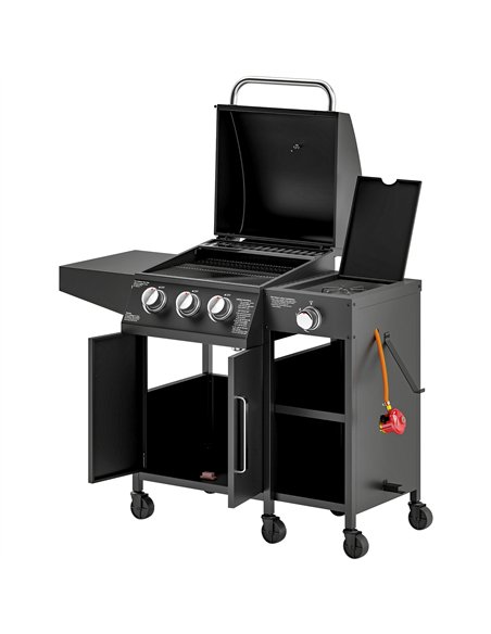 Outsunny 3+1 Burner Gas BBQ Grill with Storage Cabinet and Shelves, 9.5 kW Gas Barbecue Trolley with 6 Castor Wheels, Warming Ra - pic 155463 | FastDaddyshop