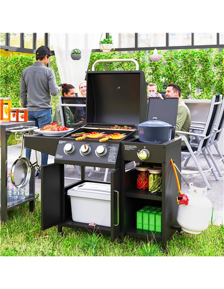 Outsunny 3+1 Burner Gas BBQ Grill with Storage Cabinet and Shelves, 9.5 kW Gas Barbecue Trolley with 6 Castor Wheels, Warming Ra - pic 155464 | FastDaddyshop