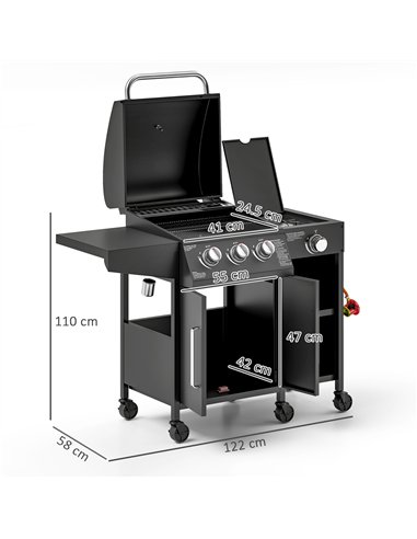 Outsunny 3+1 Burner Gas BBQ Grill with Storage Cabinet and Shelves, 9.5 kW Gas Barbecue Trolley with 6 Castor Wheels, Warming Ra