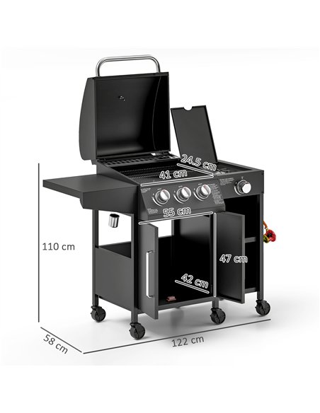 Outsunny 3+1 Burner Gas BBQ Grill with Storage Cabinet and Shelves, 9.5 kW Gas Barbecue Trolley with 6 Castor Wheels, Warming Ra - pic 155465 | FastDaddyshop