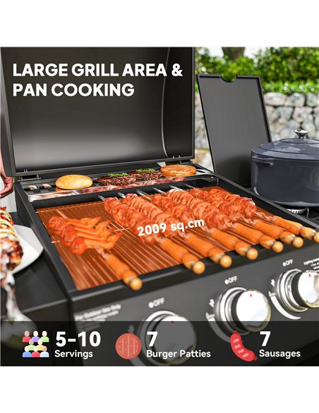 Outsunny 3+1 Burner Gas BBQ Grill with Storage Cabinet and Shelves, 9.5 kW Gas Barbecue Trolley with 6 Castor Wheels, Warming Ra - pic 155466 | FastDaddyshop