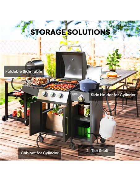 Outsunny 3+1 Burner Gas BBQ Grill with Storage Cabinet and Shelves, 9.5 kW Gas Barbecue Trolley with 6 Castor Wheels, Warming Ra - pic 155467 | FastDaddyshop