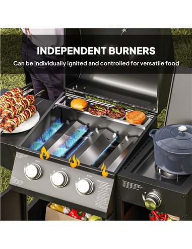 Outsunny 3+1 Burner Gas BBQ Grill with Storage Cabinet and Shelves, 9.5 kW Gas Barbecue Trolley with 6 Castor Wheels, Warming Ra