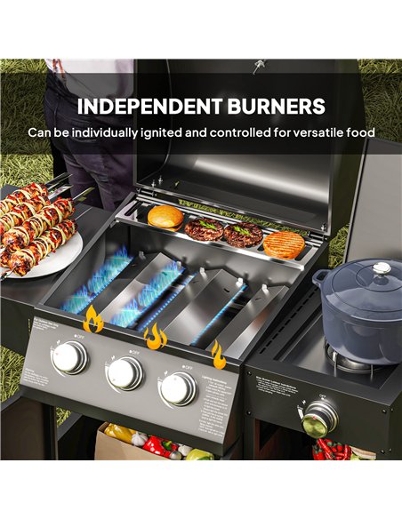 Outsunny 3+1 Burner Gas BBQ Grill with Storage Cabinet and Shelves, 9.5 kW Gas Barbecue Trolley with 6 Castor Wheels, Warming Ra - pic 155468 | FastDaddyshop