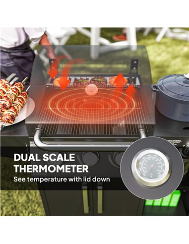 Outsunny 3+1 Burner Gas BBQ Grill with Storage Cabinet and Shelves, 9.5 kW Gas Barbecue Trolley with 6 Castor Wheels, Warming Ra