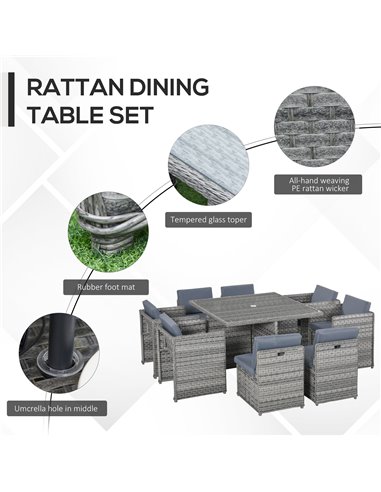 Outsunny 9 Pieces PE Rattan Cube Garden Furniture Set with Umbrella Hole, Mixed Grey