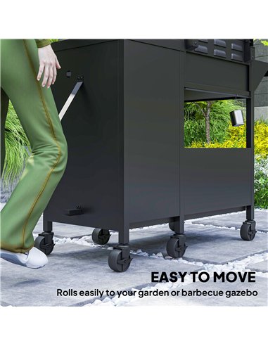 Outsunny 3+1 Burner Gas BBQ Grill with Storage Cabinet and Shelves, 9.5 kW Gas Barbecue Trolley with 6 Castor Wheels, Warming Ra